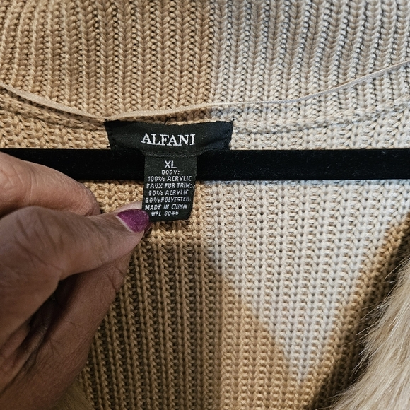 Alfani Faux Fur Trim Cardigan Sweater, Plus-Size XL | Chic Tan Knit Layer - Picture 2 of 5